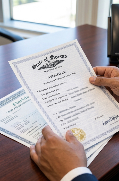 Broward County notary handing apostilled documents to a client